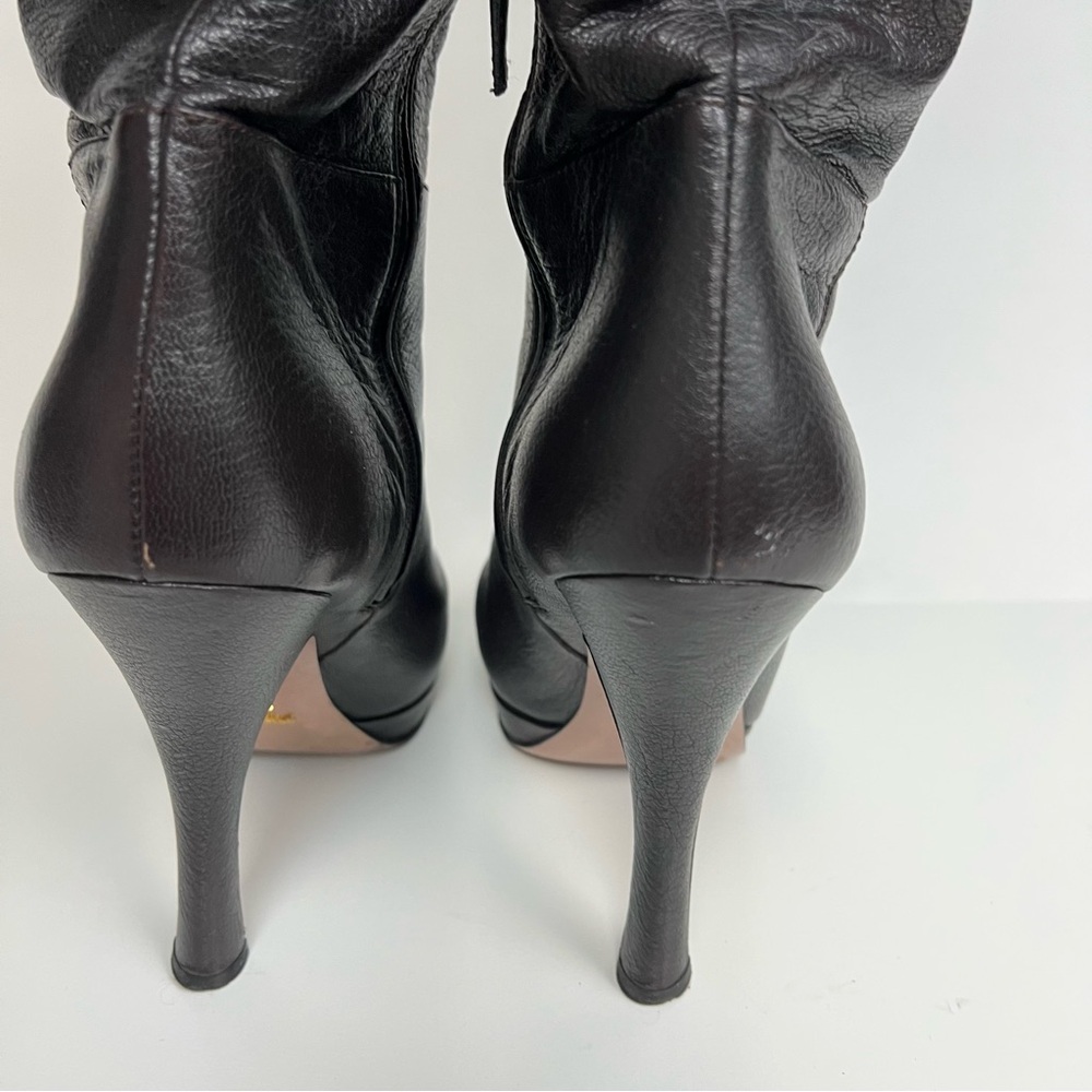 Prada Dark Brown Heeled Knee High Tall Boots Leather Size EU 41 - Picture 7 of 14